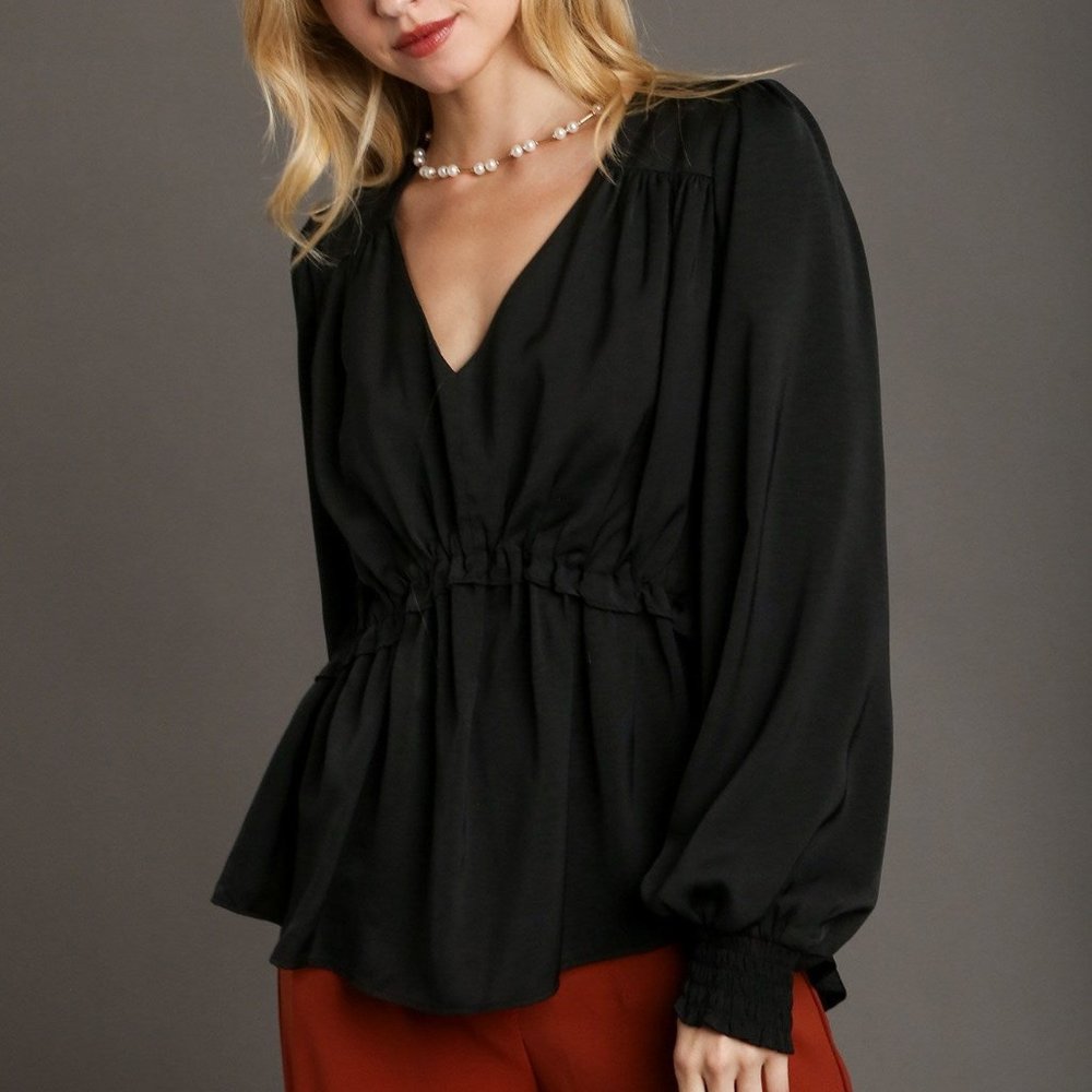 Satin V-neck Ruffle Baby Doll Top With Cuffed Long Sleeve-Black